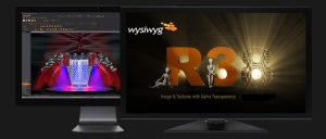  “WYSIWYG R38 lighting design interface showing 3D stage visualization.”